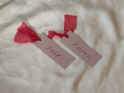 BLUSH + PINK Place Card Organza Ribbon | Calligraphy Wedding Place Name Card | Gold or Silver Eyelet