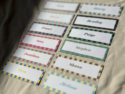 Colourful Contrast Stripe Place Cards  | Fun Striped Rainbow Maximalist Wedding Printed Guest Names Place Name Card | Flat Place Card