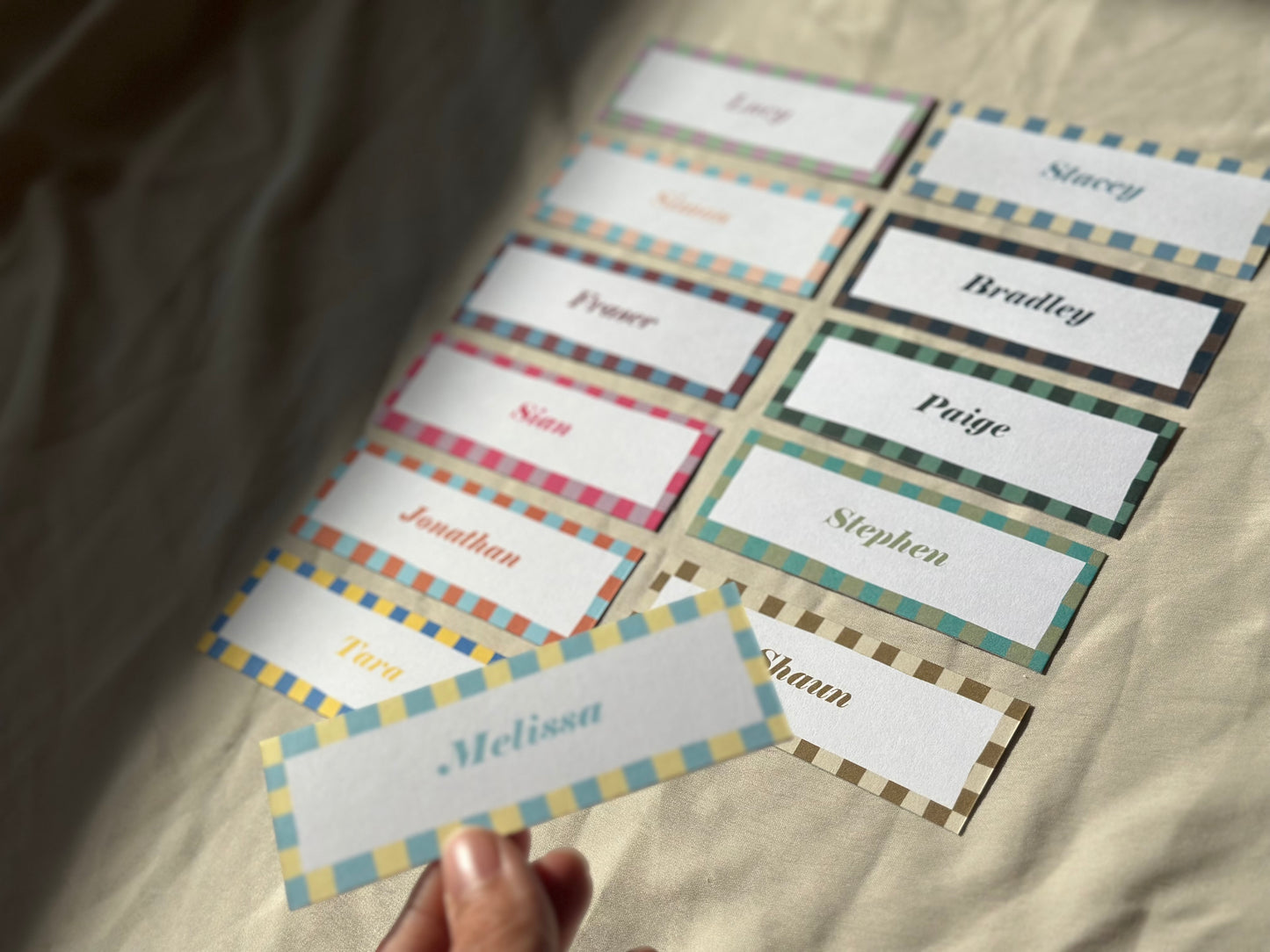 Colourful Contrast Stripe Place Cards  | Fun Striped Rainbow Maximalist Wedding Printed Guest Names Place Name Card | Flat Place Card