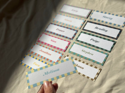 Colourful Contrast Stripe Place Cards  | Fun Striped Rainbow Maximalist Wedding Printed Guest Names Place Name Card | Flat Place Card
