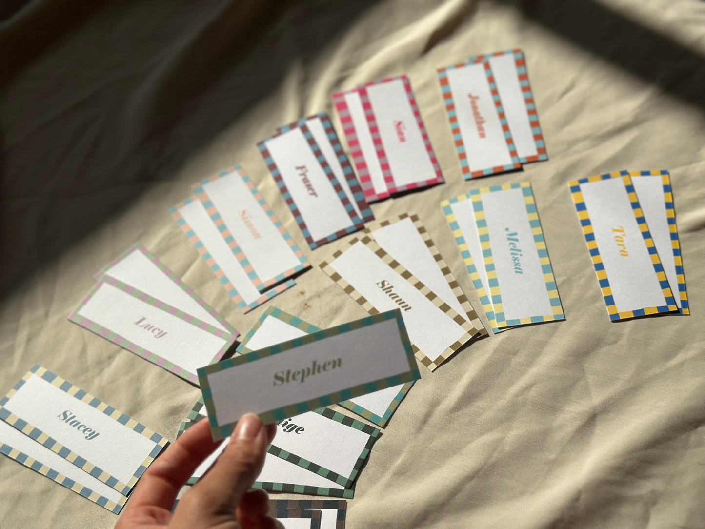 Colourful Contrast Stripe Place Cards  | Fun Striped Rainbow Maximalist Wedding Printed Guest Names Place Name Card | Flat Place Card