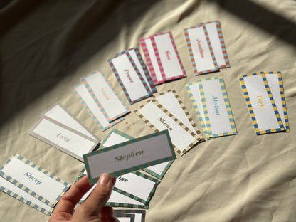 Colourful Contrast Stripe Place Cards  | Fun Striped Rainbow Maximalist Wedding Printed Guest Names Place Name Card | Flat Place Card