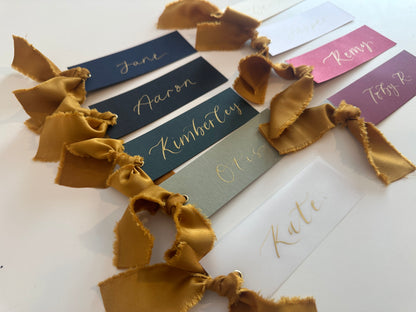 Pack of 5 Personalised Gold Calligraphy Ribbon Place Cards | Christmas & New Year Table Name Cards