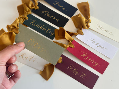 Pack of 5 Personalised Gold Calligraphy Ribbon Place Cards | Christmas & New Year Table Name Cards