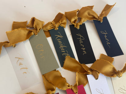 Pack of 5 Personalised Gold Calligraphy Ribbon Place Cards | Christmas & New Year Table Name Cards