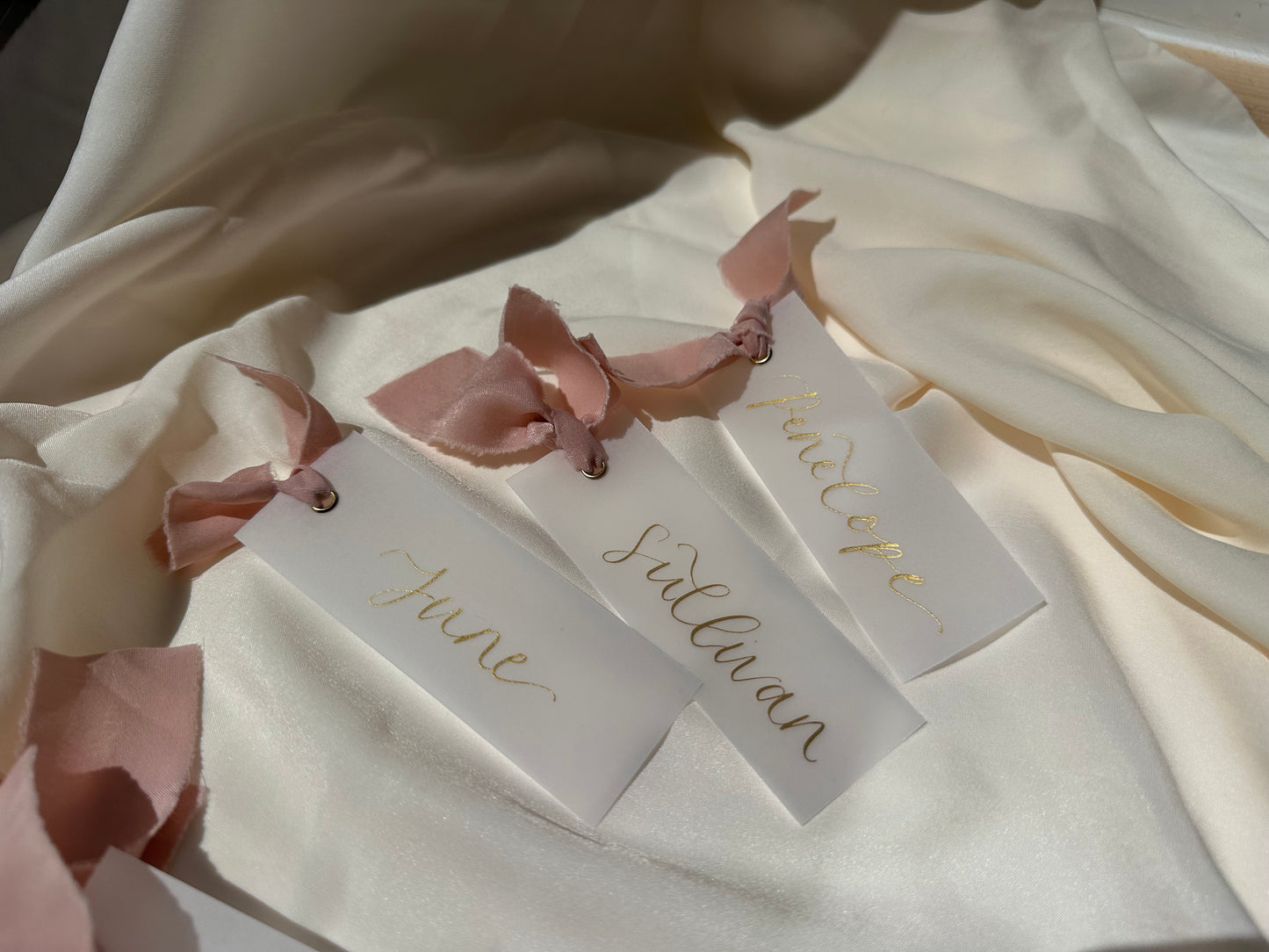 VELLUM Opaque Ribbon Calligraphy Place Name Card | White Calligraphy Wedding Place Name Card | Gold or Silver Eyelet Place Card