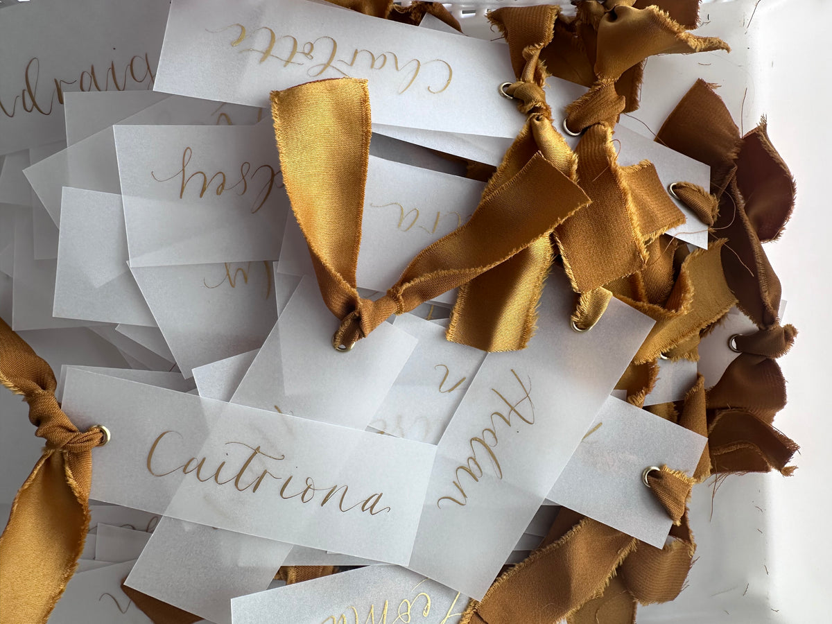 Custom Ribbon Wedding Place Cards | Vellum Translucent Card with Your Choice of Ribbon