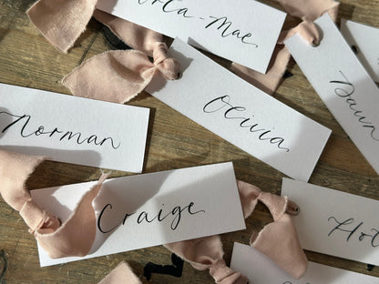 White Blush Chiffon Wedding Place Cards with Ribbon | Pink Calligraphy Place Cards