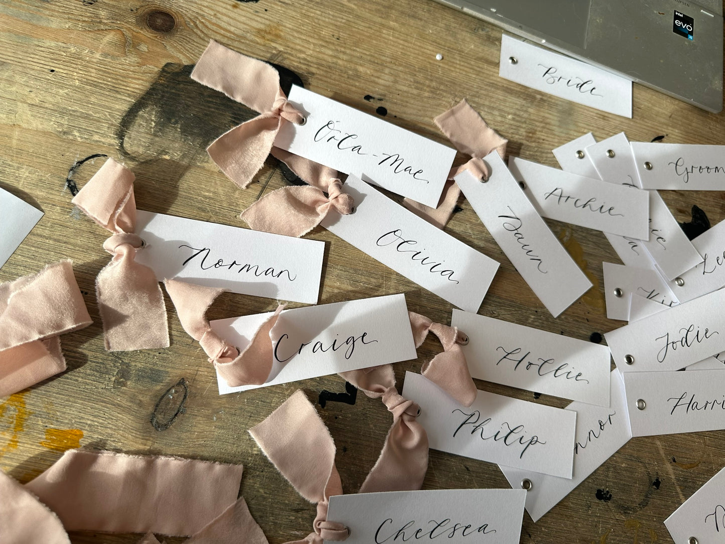 White Blush Chiffon Wedding Place Cards with Ribbon | Pink Calligraphy Place Cards