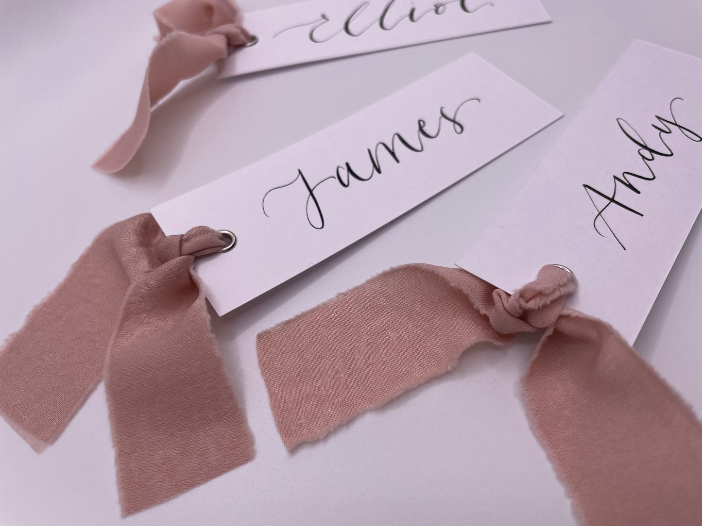 BLUSH Chiffon Ribbon Calligraphy Place Name Card | White Calligraphy Wedding Place Name Card | Gold or Silver Eyelet