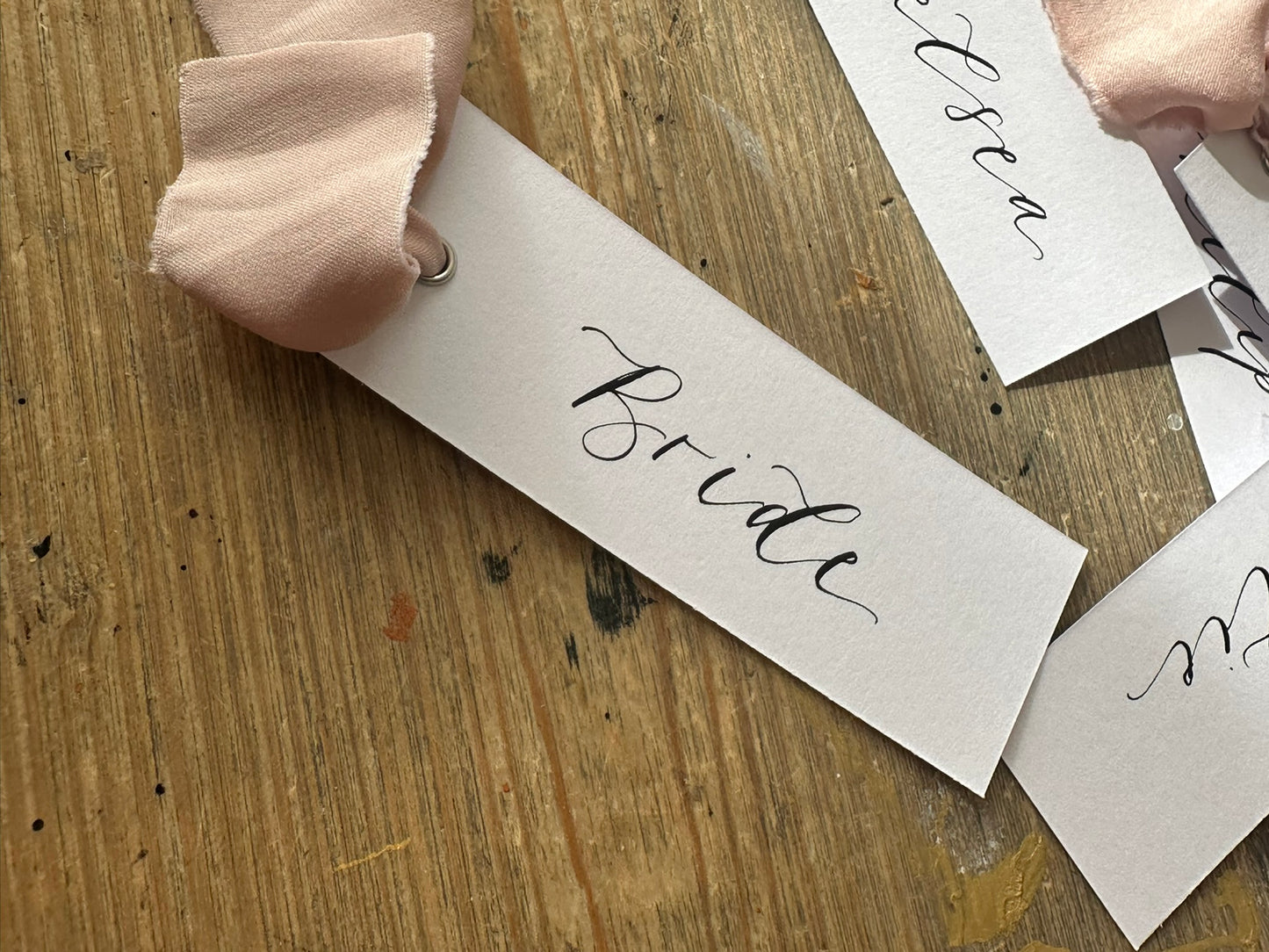 White Blush Chiffon Wedding Place Cards with Ribbon | Pink Calligraphy Place Cards