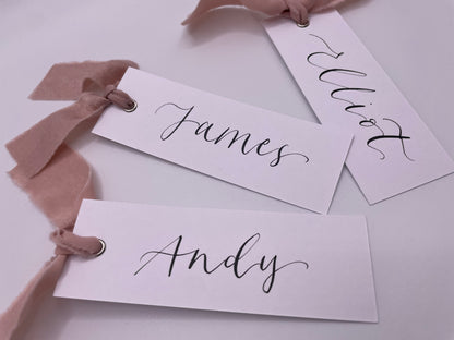 BLUSH Chiffon Ribbon Calligraphy Place Name Card | White Calligraphy Wedding Place Name Card | Gold or Silver Eyelet