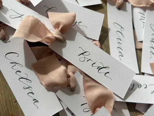 White Blush Chiffon Wedding Place Cards with Ribbon | Pink Calligraphy Place Cards