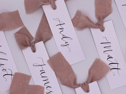 BLUSH Chiffon Ribbon Calligraphy Place Name Card | White Calligraphy Wedding Place Name Card | Gold or Silver Eyelet