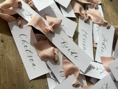 White Blush Chiffon Wedding Place Cards with Ribbon | Pink Calligraphy Place Cards