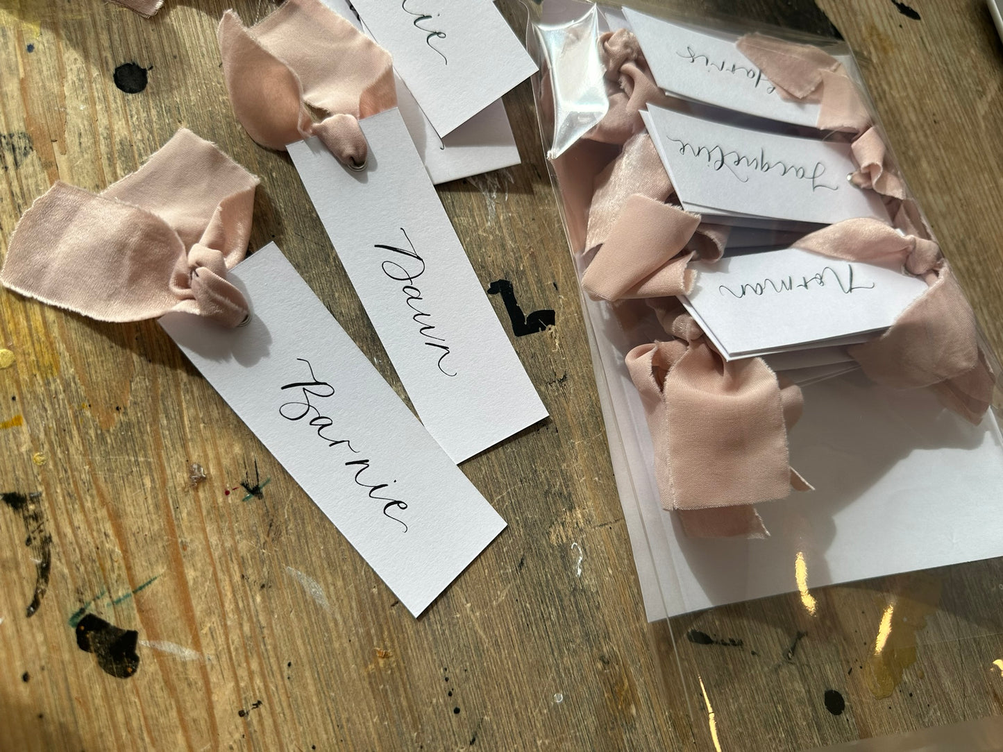 White Blush Chiffon Wedding Place Cards with Ribbon | Pink Calligraphy Place Cards