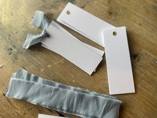 25 BLANK Dusky Blue Ribbon Place Card with Eyelet | DIY Wedding Dinner Party Place Card, Write Your Own Place Setting