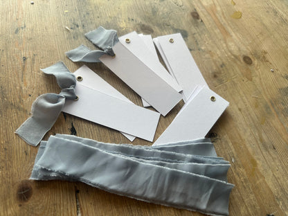 25 BLANK Dusky Blue Ribbon Place Card with Eyelet | DIY Wedding Dinner Party Place Card, Write Your Own Place Setting