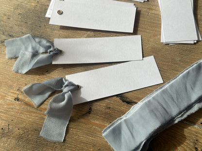 25 BLANK Dusky Blue Ribbon Place Card with Eyelet | DIY Wedding Dinner Party Place Card, Write Your Own Place Setting