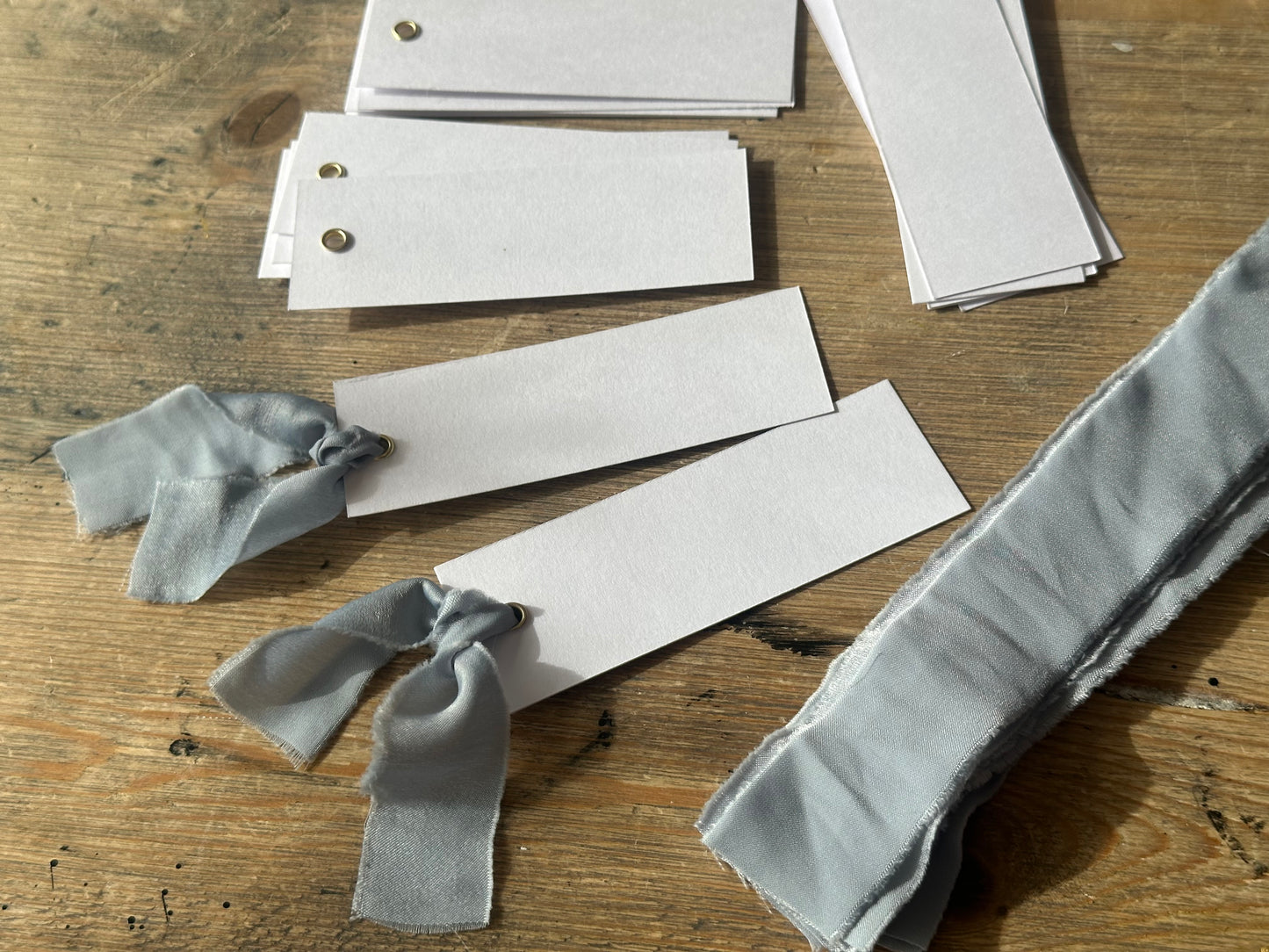 25 BLANK Dusky Blue Ribbon Place Card with Eyelet | DIY Wedding Dinner Party Place Card, Write Your Own Place Setting
