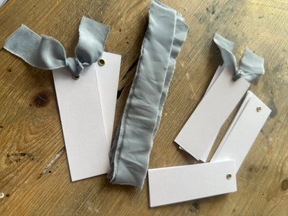 25 BLANK Dusky Blue Ribbon Place Card with Eyelet | DIY Wedding Dinner Party Place Card, Write Your Own Place Setting