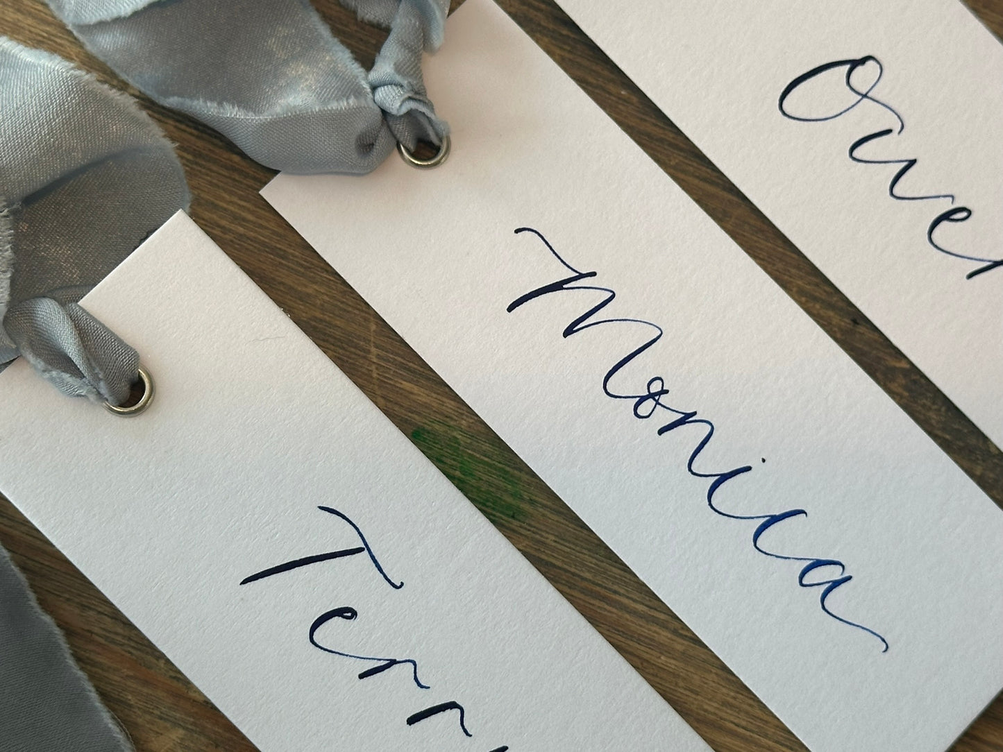 White Dusky Blue Chiffon Wedding Place Cards with Ribbon | Calligraphy Place Cards