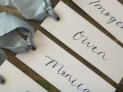 White Dusky Blue Chiffon Wedding Place Cards with Ribbon | Calligraphy Place Cards