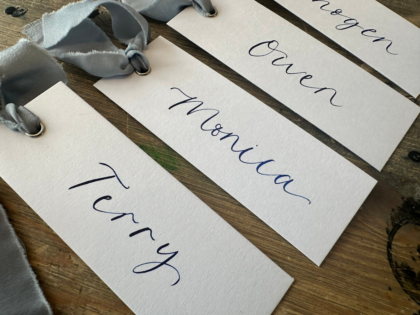 White Dusky Blue Chiffon Wedding Place Cards with Ribbon | Calligraphy Place Cards