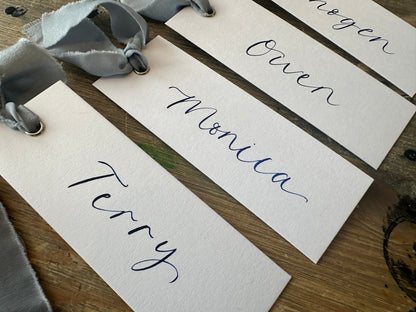 White Dusky Blue Chiffon Wedding Place Cards with Ribbon | Calligraphy Place Cards