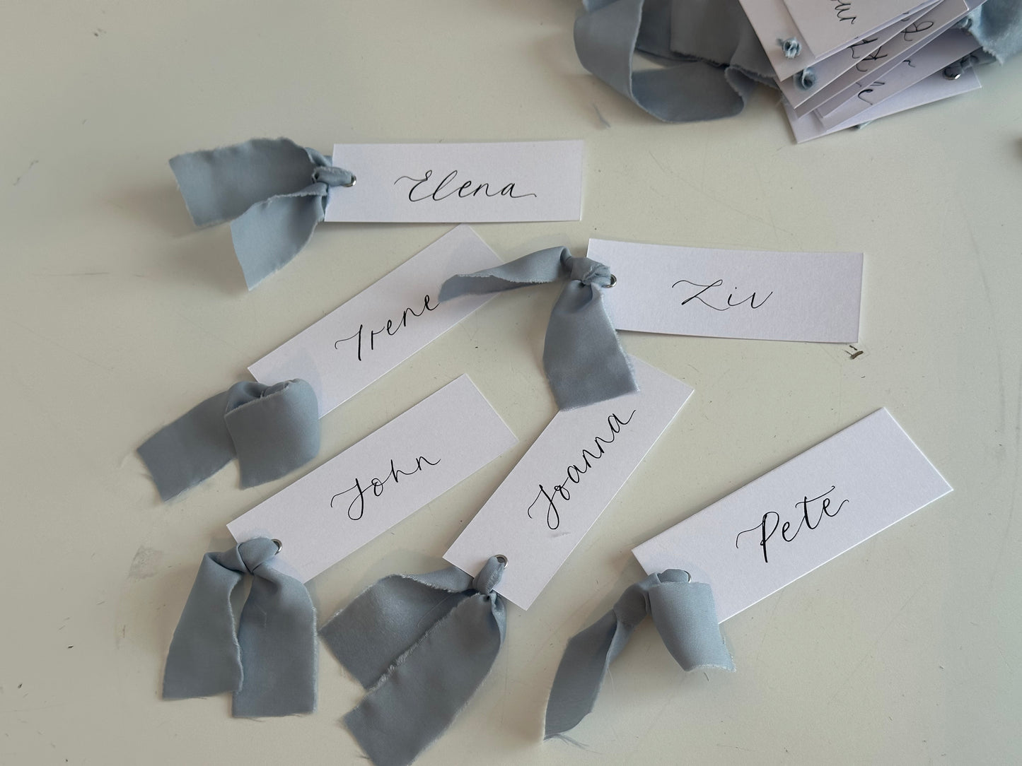 White Dusky Blue Chiffon Wedding Place Cards with Ribbon | Calligraphy Place Cards