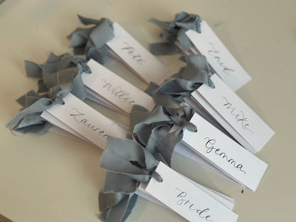 White Dusky Blue Chiffon Wedding Place Cards with Ribbon | Calligraphy Place Cards