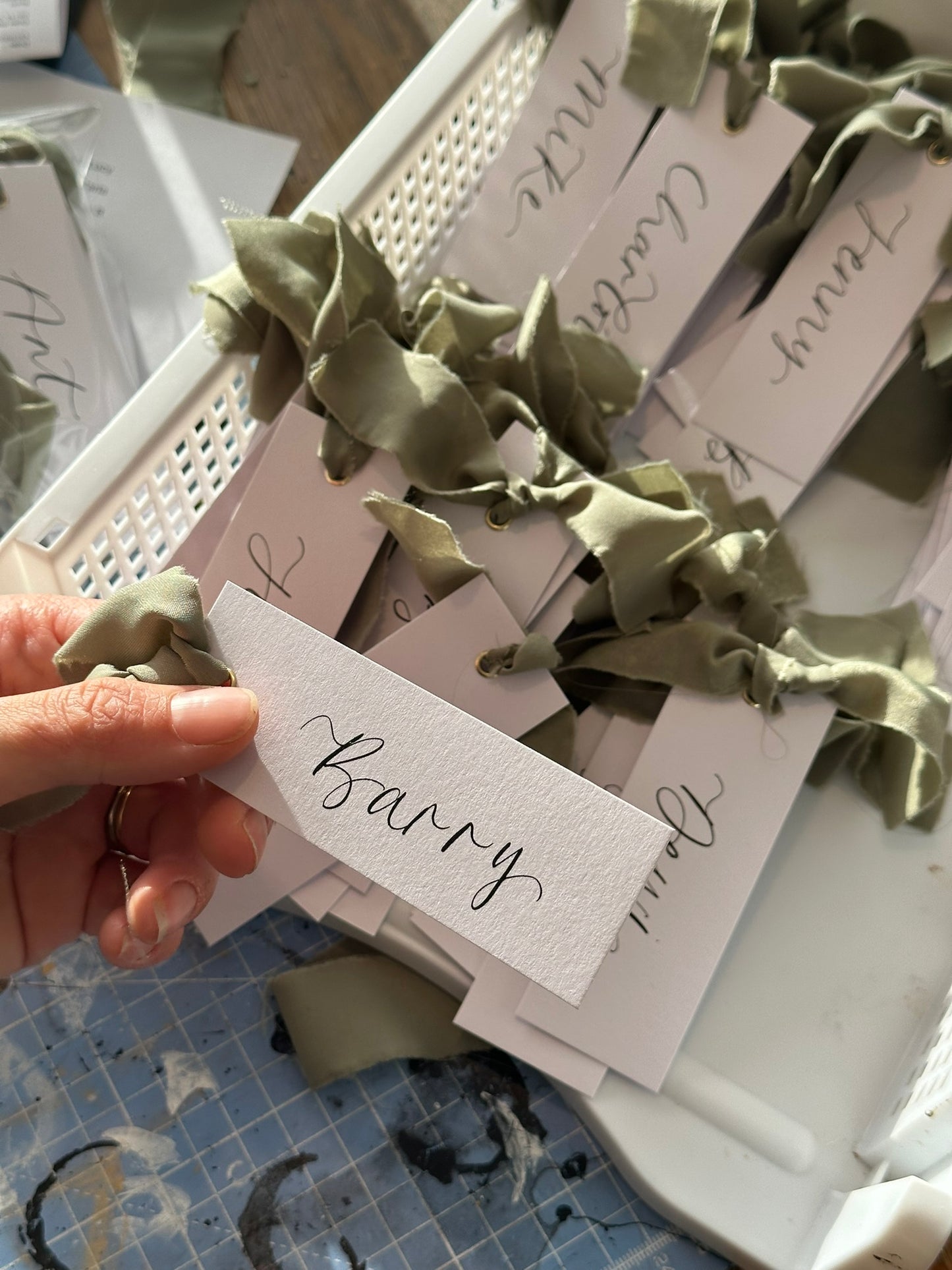 EUCALYPTUS Chiffon Ribbon Calligraphy Place Name Card | White Calligraphy Wedding Place Name Card | Gold or Silver Eyelet