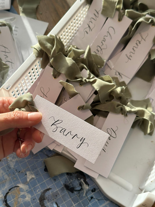 EUCALYPTUS Chiffon Ribbon Calligraphy Place Name Card | White Calligraphy Wedding Place Name Card | Gold or Silver Eyelet