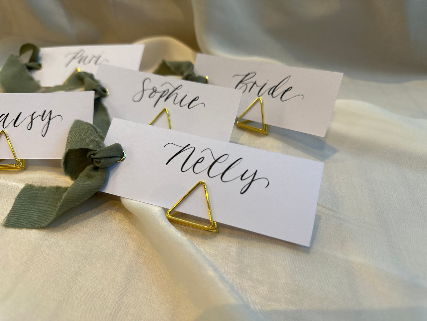 EUCALYPTUS Chiffon Ribbon Calligraphy Place Name Card | White Calligraphy Wedding Place Name Card | Gold or Silver Eyelet