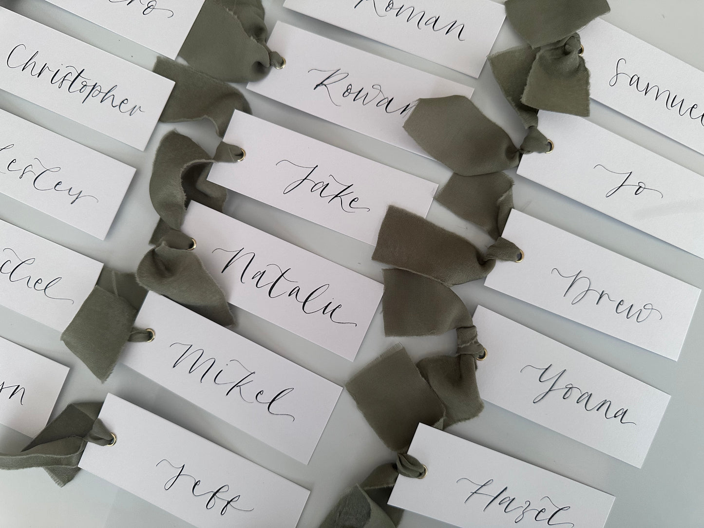 EUCALYPTUS Chiffon Ribbon Calligraphy Place Name Card | White Calligraphy Wedding Place Name Card | Gold or Silver Eyelet