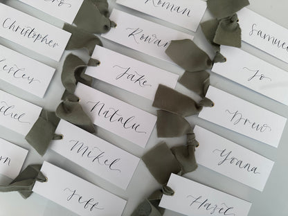 EUCALYPTUS Chiffon Ribbon Calligraphy Place Name Card | White Calligraphy Wedding Place Name Card | Gold or Silver Eyelet