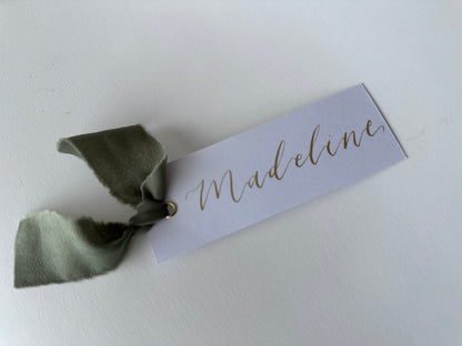EUCALYPTUS Chiffon Ribbon Calligraphy Place Name Card | White Calligraphy Wedding Place Name Card | Gold or Silver Eyelet