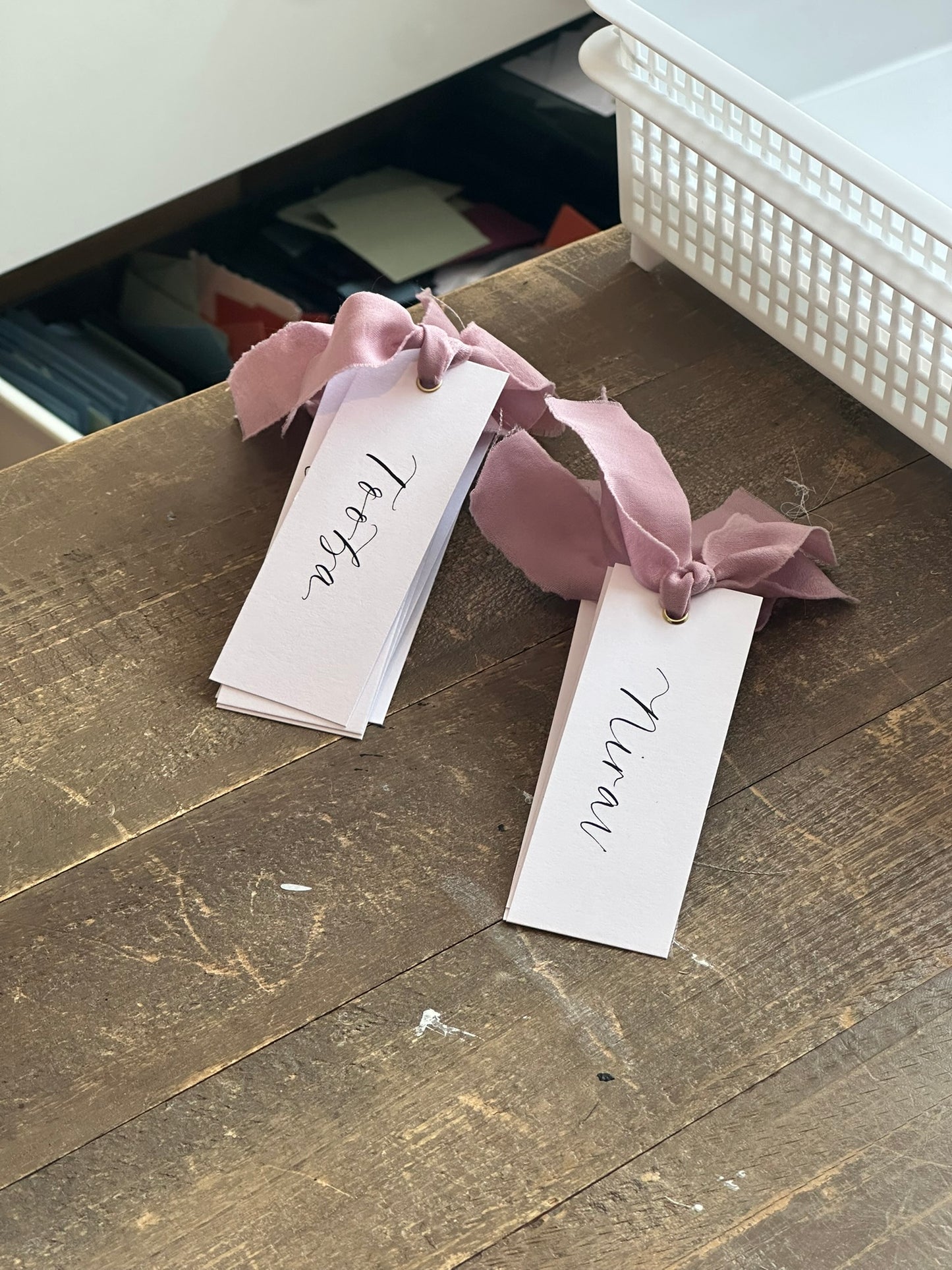 LILAC Chiffon Ribbon Calligraphy Place Name Card | White Calligraphy Wedding Place Name Card | Gold or Silver Eyelet