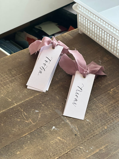 LILAC Chiffon Ribbon Calligraphy Place Name Card | White Calligraphy Wedding Place Name Card | Gold or Silver Eyelet