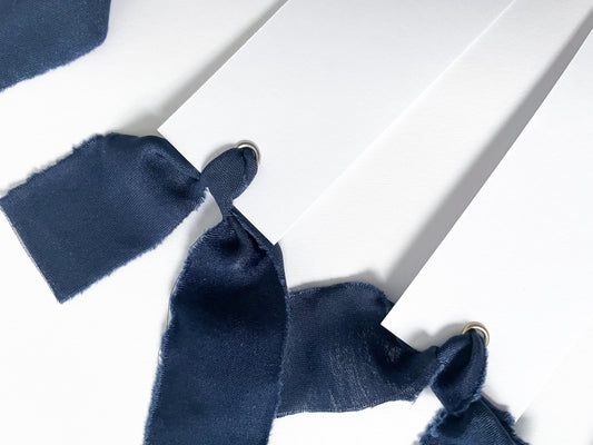 25 BLANK Navy Blue Ribbon Place Card with Eyelet | DIY Wedding Dinner Party Place Card, Write Your Own Place Setting