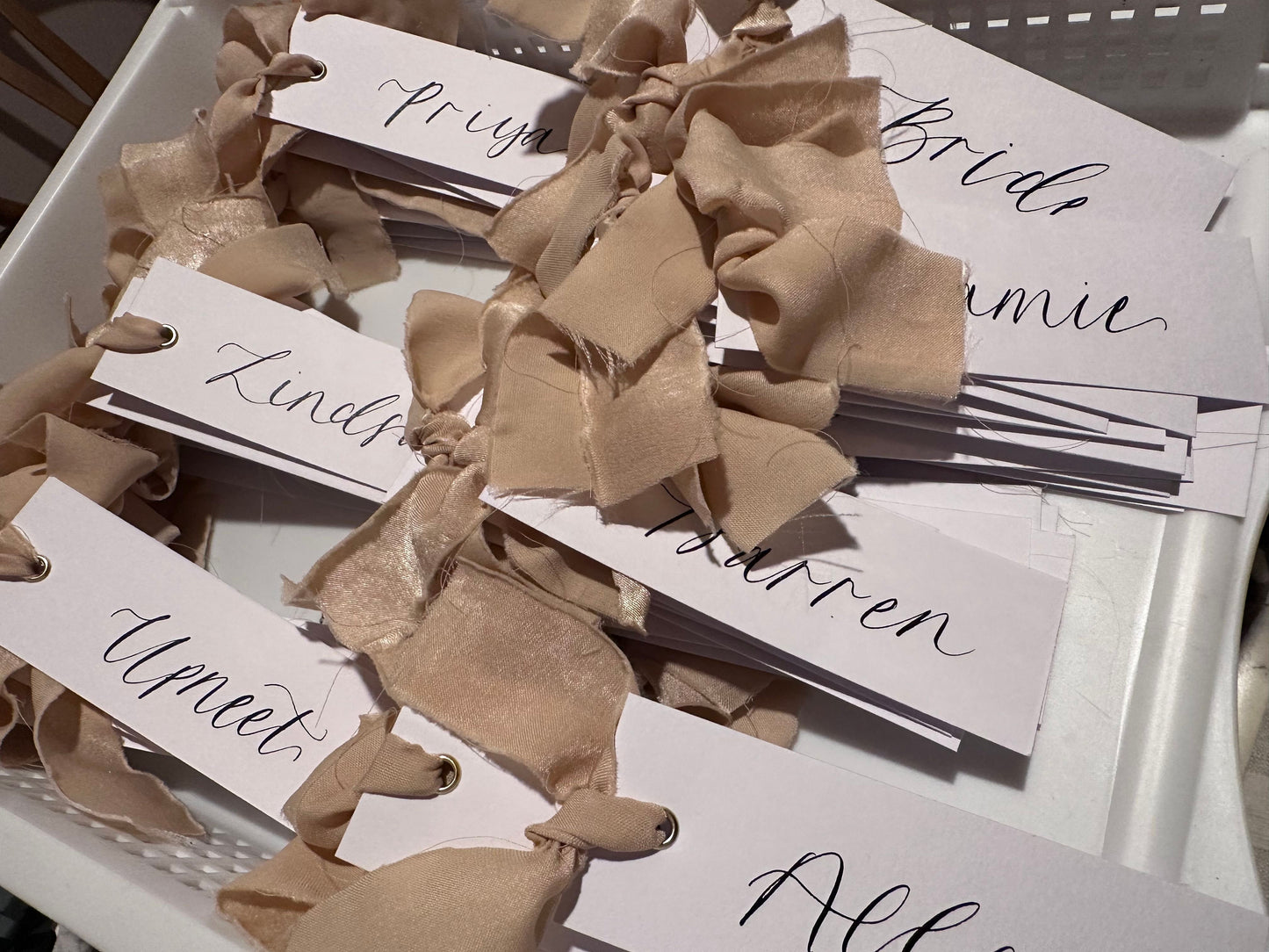 NUDE Chiffon Ribbon Calligraphy Place Name Card | White Calligraphy Wedding Place Name Card | Gold or Silver Eyelet