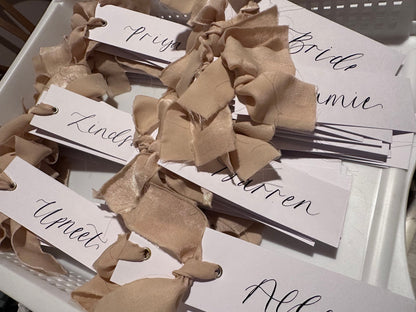 NUDE Chiffon Ribbon Calligraphy Place Name Card | White Calligraphy Wedding Place Name Card | Gold or Silver Eyelet