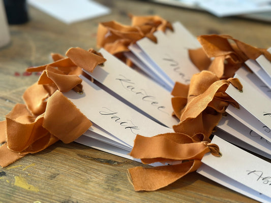 OCHRE Chiffon Ribbon Calligraphy Place Name Card | White Calligraphy Wedding Place Name Card | Gold or Silver Eyelet