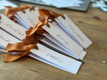 OCHRE Chiffon Ribbon Calligraphy Place Name Card | White Calligraphy Wedding Place Name Card | Gold or Silver Eyelet