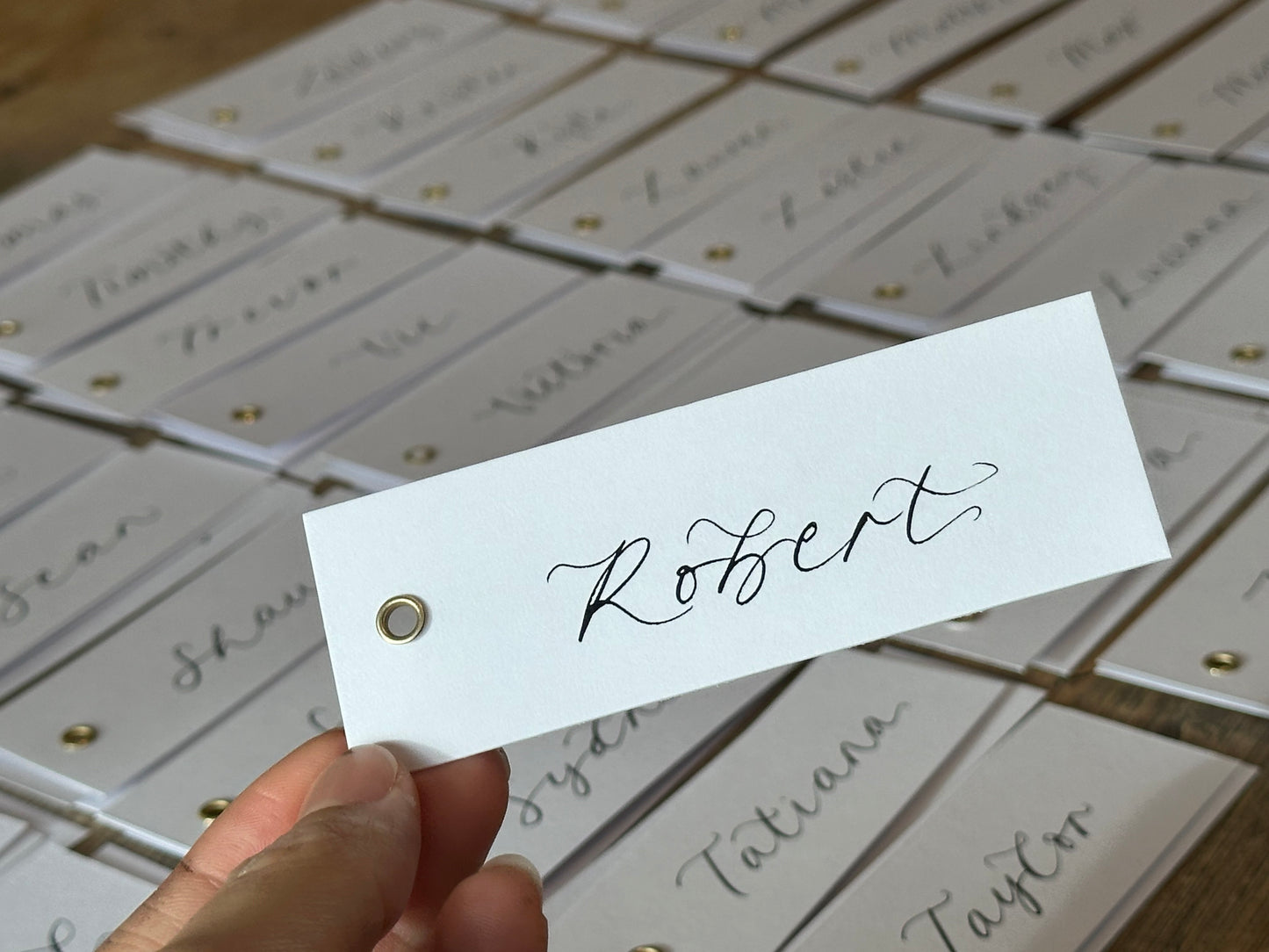 White Calligraphy Place Cards with Eyelet | DIY Add Your Own Ribbon Place Card