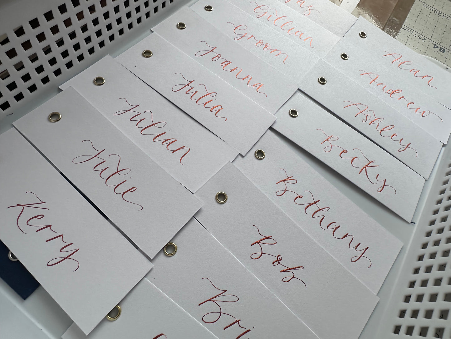 White Calligraphy Place Cards with Eyelet | DIY Add Your Own Ribbon Place Card