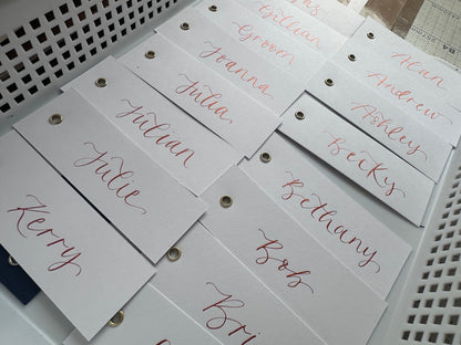 White Calligraphy Place Cards with Eyelet | DIY Add Your Own Ribbon Place Card