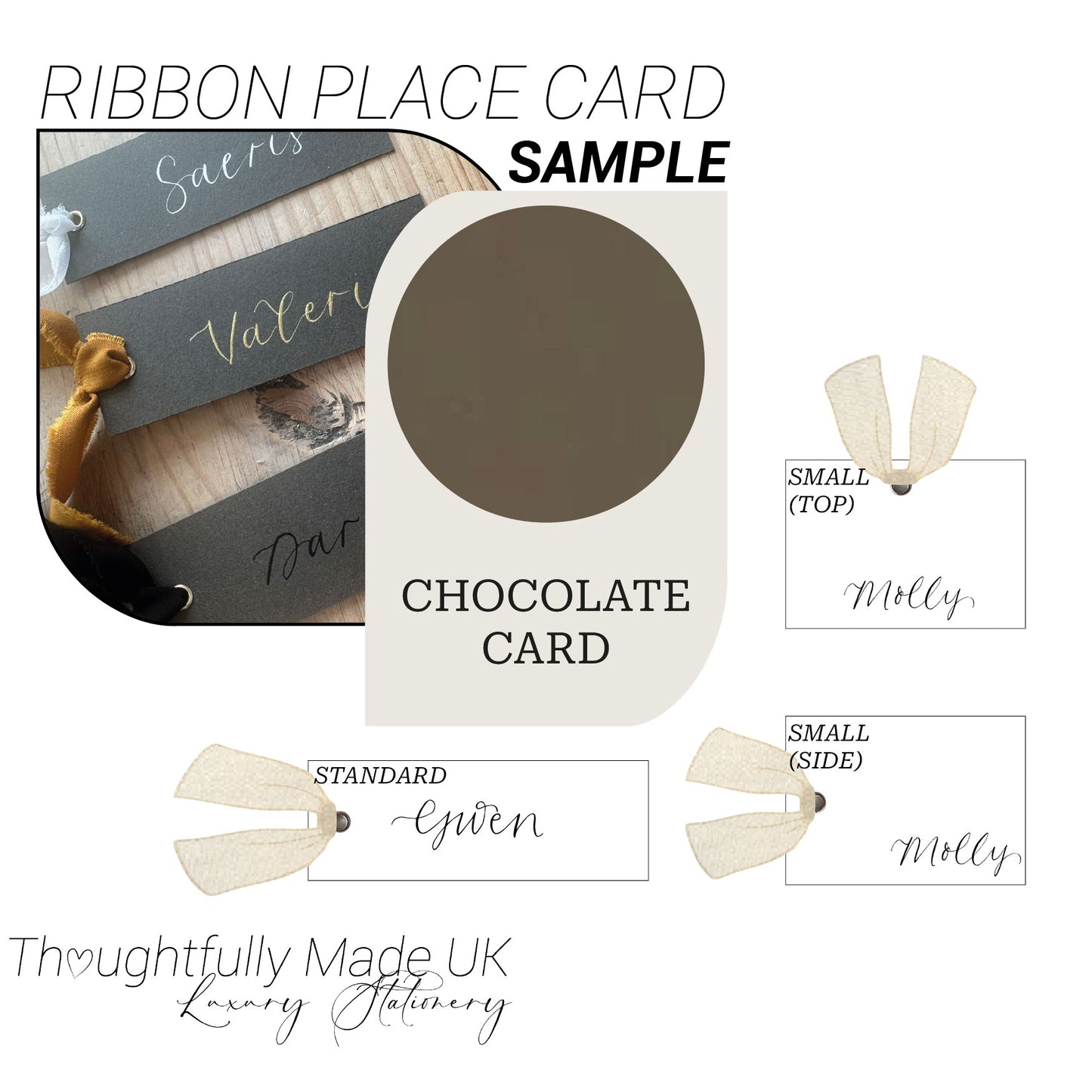 Chocolate Ribbon Wedding Place Card Sample | Chiffon, Satin & Organza