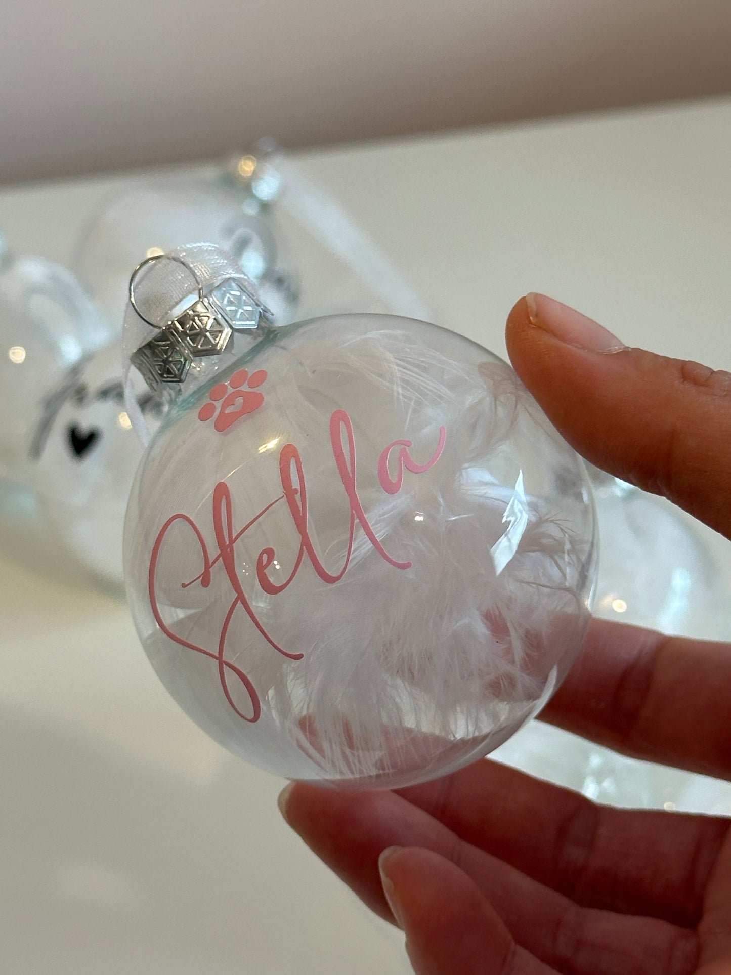 Personalised White Feather Paw Memorial Bauble: Dog, Cat, Pet Glass Remembrance Ornament