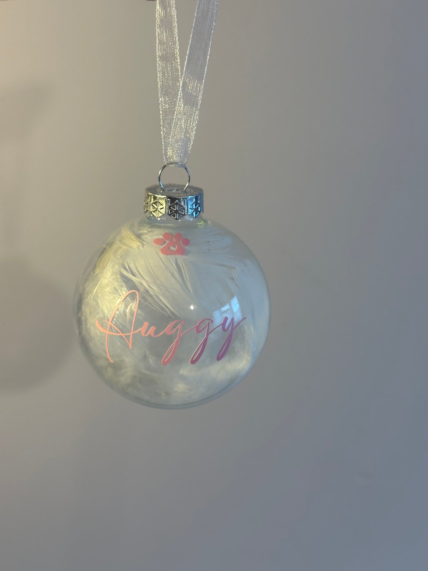 Personalised White Feather Paw Memorial Bauble: Dog, Cat, Pet Glass Remembrance Ornament